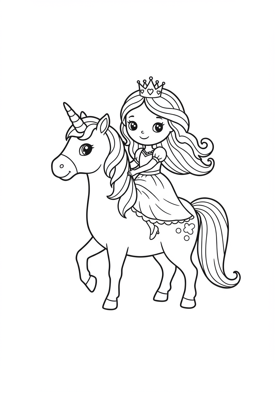 Free unicorn princess coloring page for kids - printable fairy tale coloring sheet